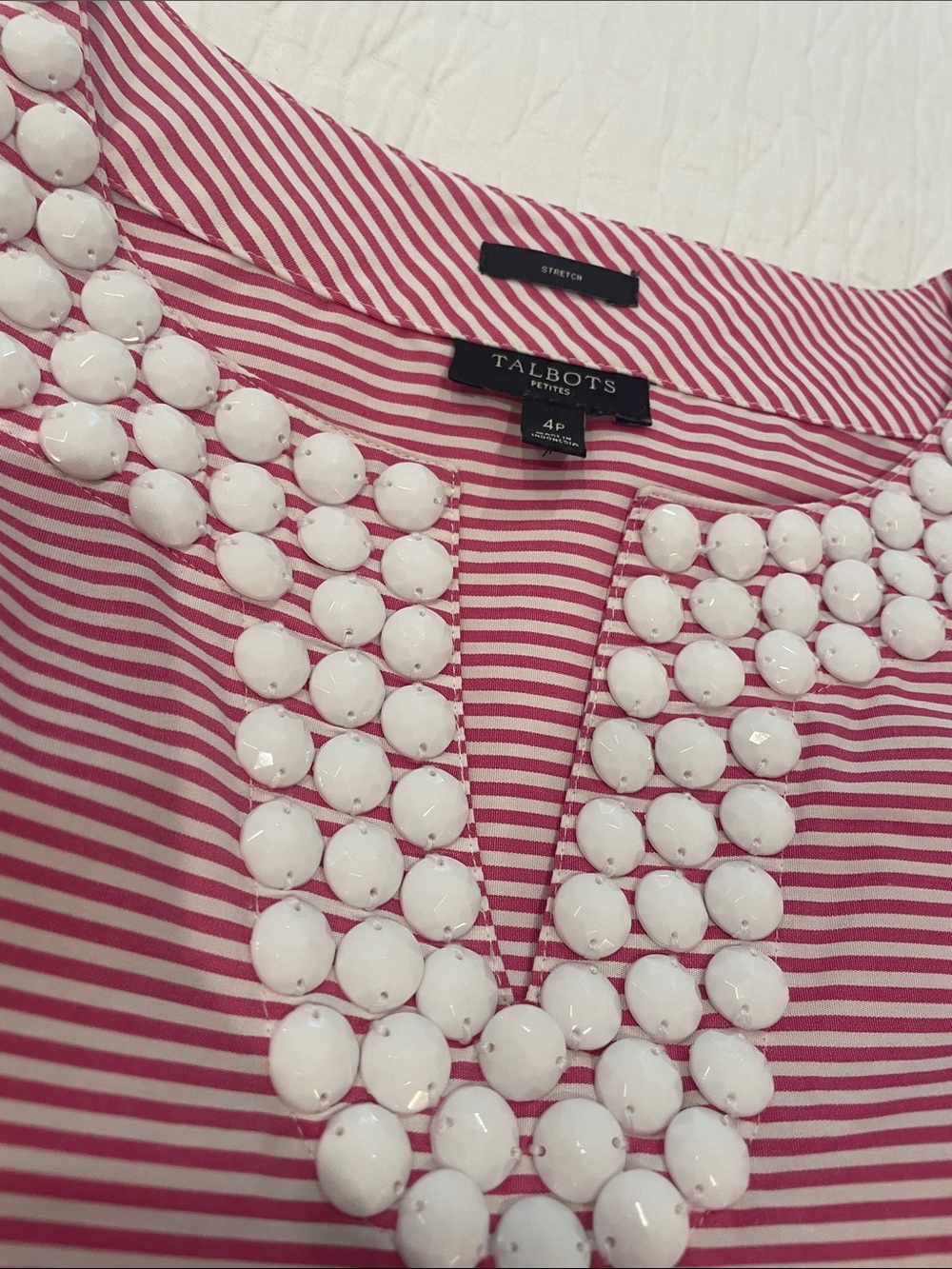 Talbots Pink & White Striped Sleeveless Top with Beaded Neckline - Picture 4 of 7